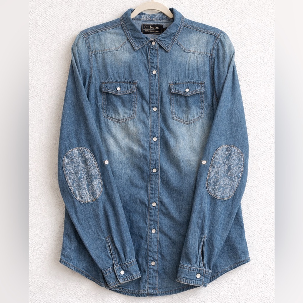 Ci Sono Blue Denim Button-Front Shirt with Paisley Elbow Patches